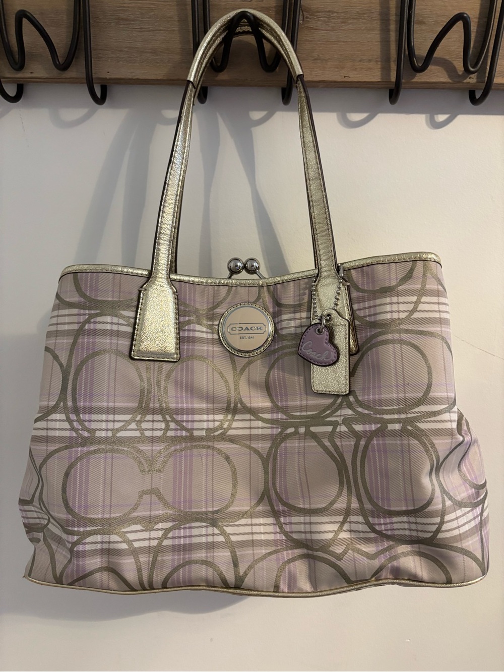 Coach Signature Lavender Tartan Plaid Framed Kiss Lock Carryall Bag F17213!
